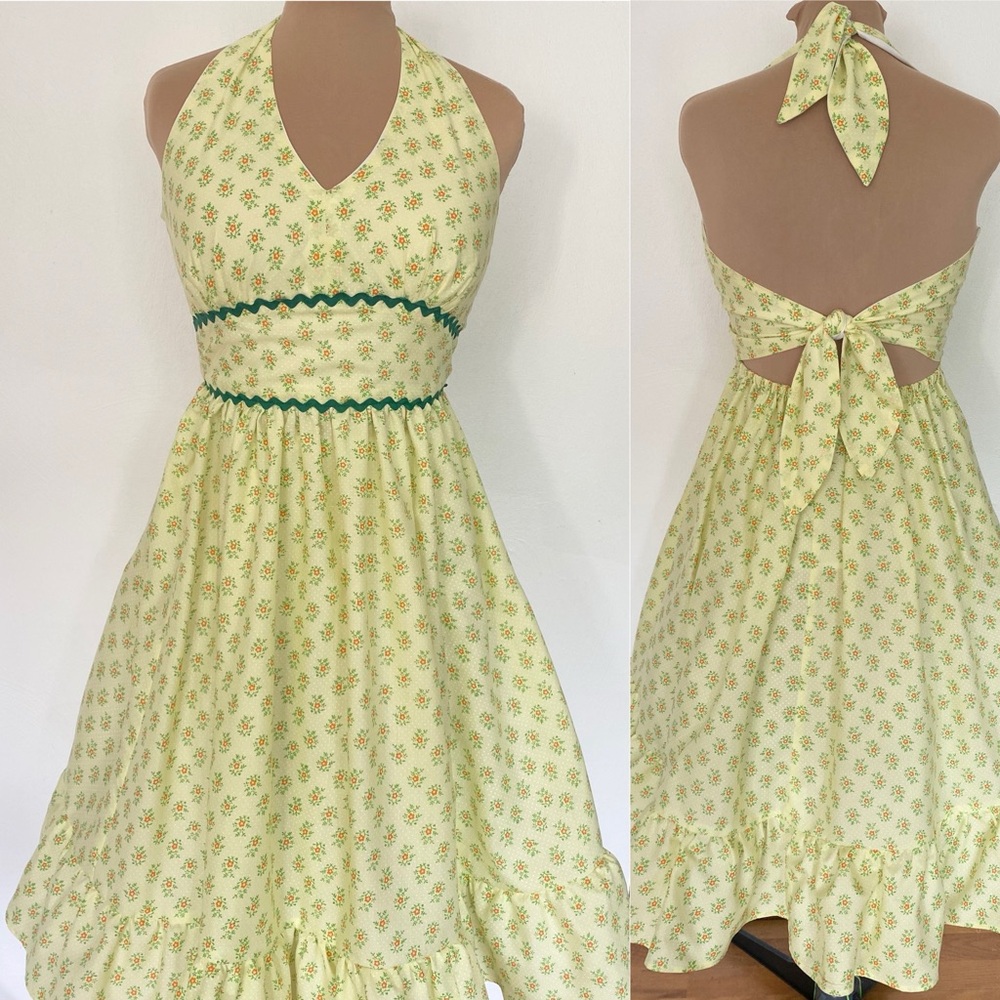 Vintage 50s-Inspired Halter Sundress Set *Medium* YELLOW Tie Back Cotton Blend